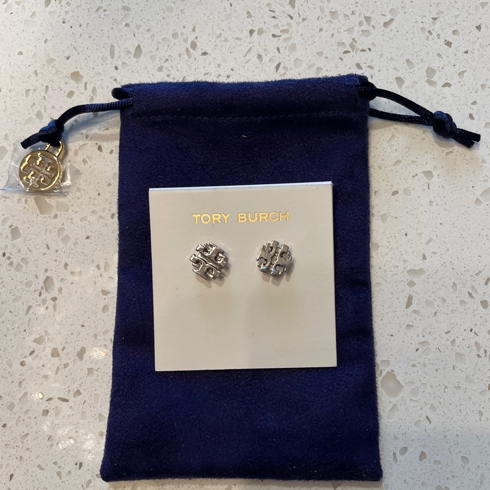 Tory Burch Silver Small T logo stud earrings